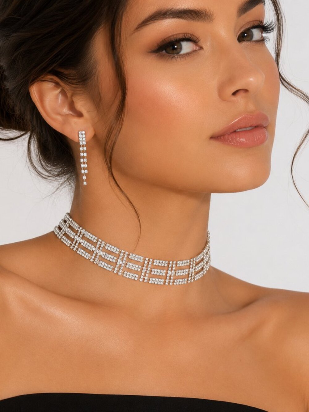 Silver Rhinestone Choker Necklace & Matching Drop Earrings Set Geometric Sparkly